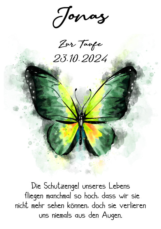 Taufkerze: Grüner Schmetterlingsflug – Zeichen der Hoffnung