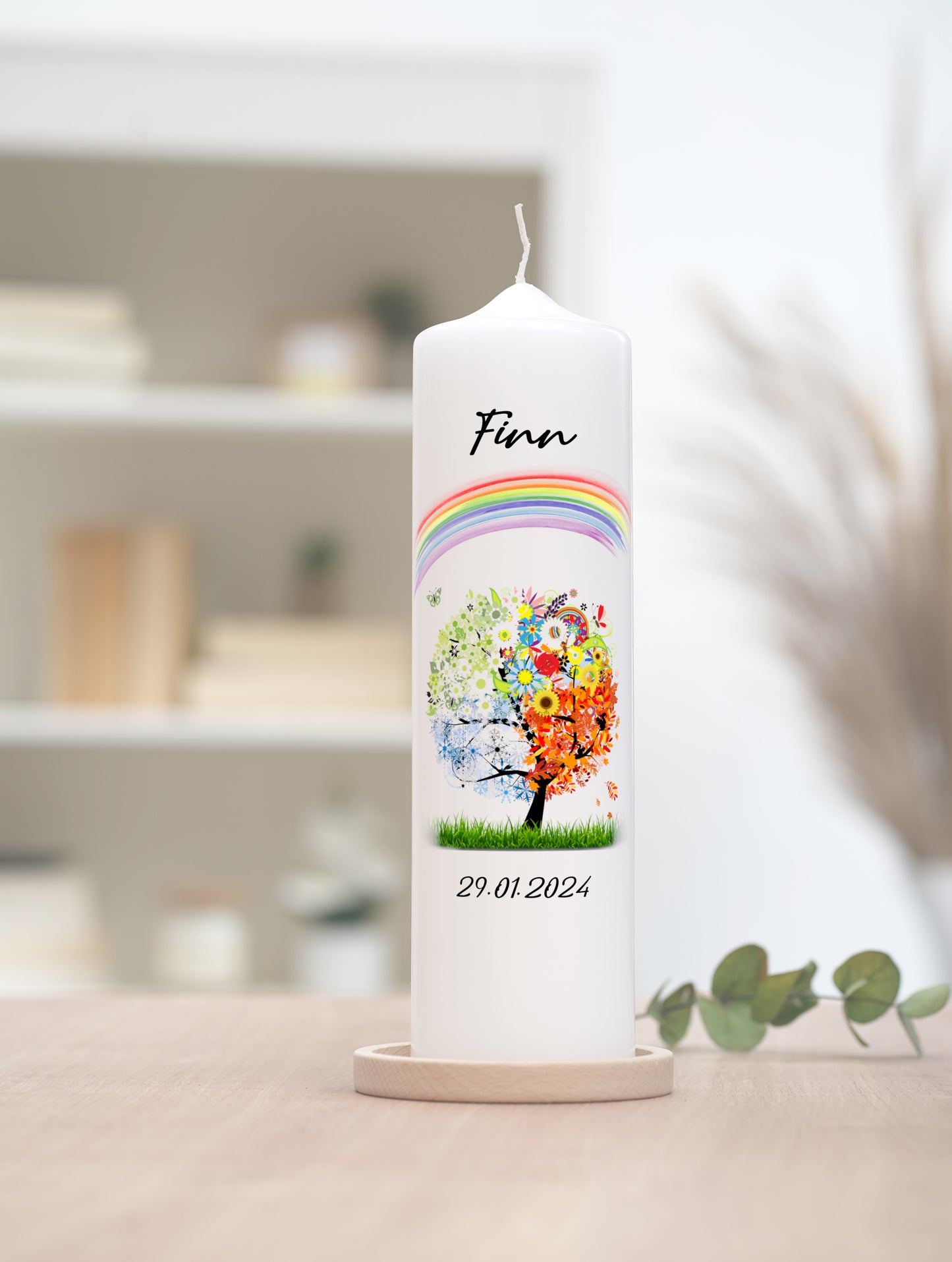 Taufkerze 4 Jahreszeiten Baum mit Regenbogen
