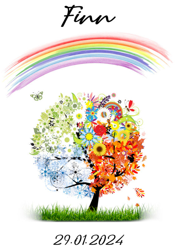 Taufkerze 4 Jahreszeiten Baum mit Regenbogen