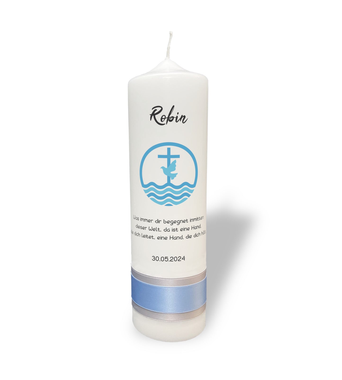 Taufkerze: Segenssymbole – Taube, Kreuz und Wasser