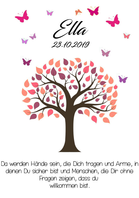 Taufkerze: Zartes Erblühen – Lebensbaum mit rosa Blättern und Schmetterlingen