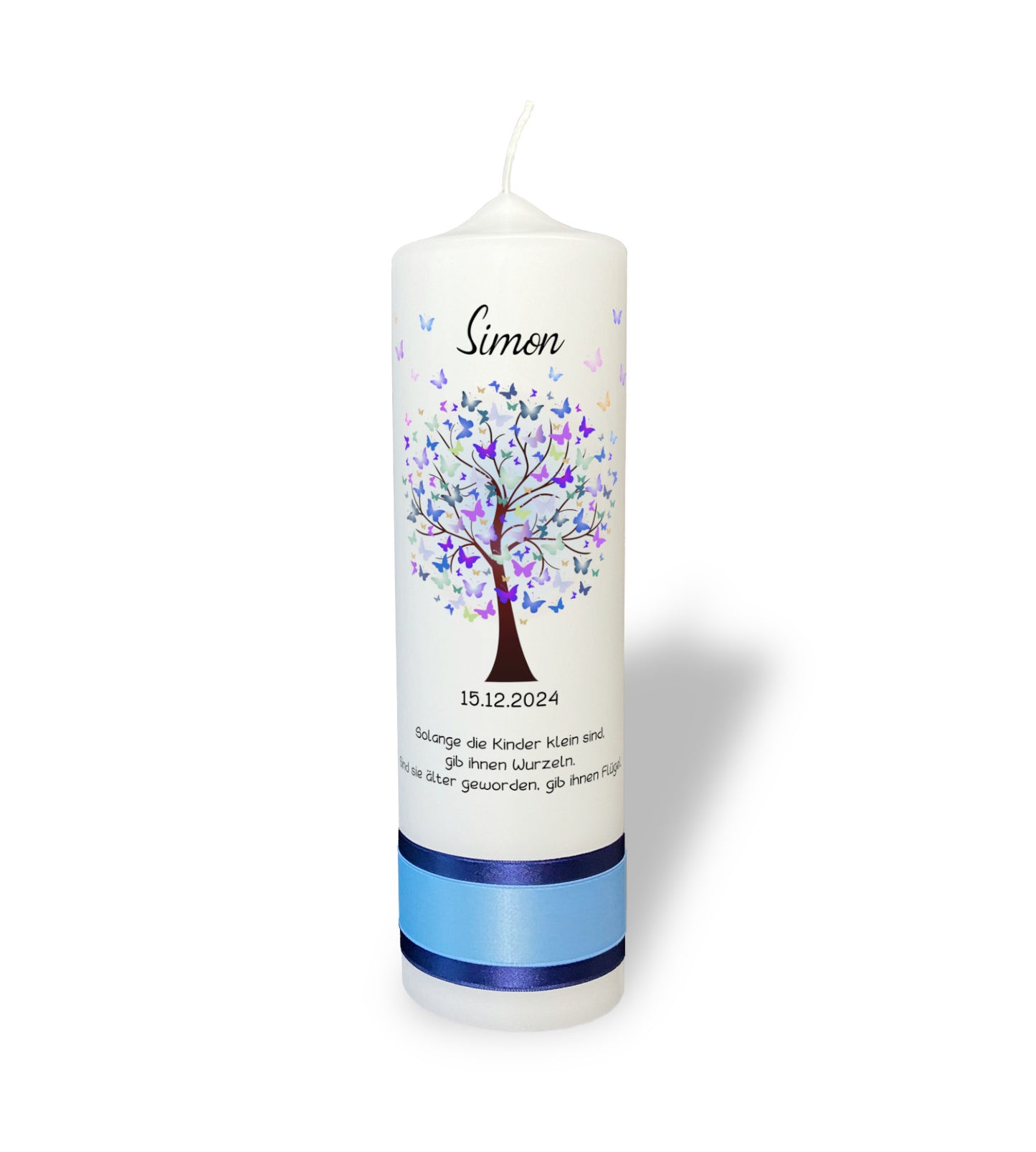 Taufkerze: Oase des Lebens – Türkisblauer Baum mit Schmetterlingen