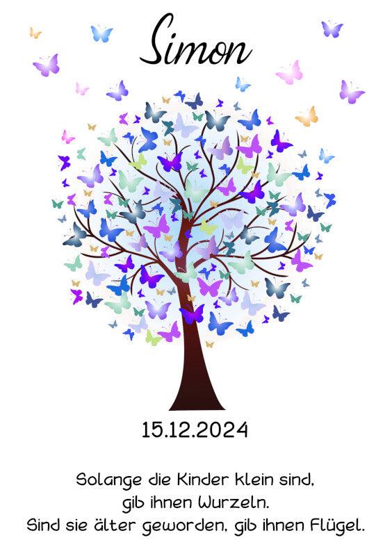 Taufkerze: Oase des Lebens – Türkisblauer Baum mit Schmetterlingen