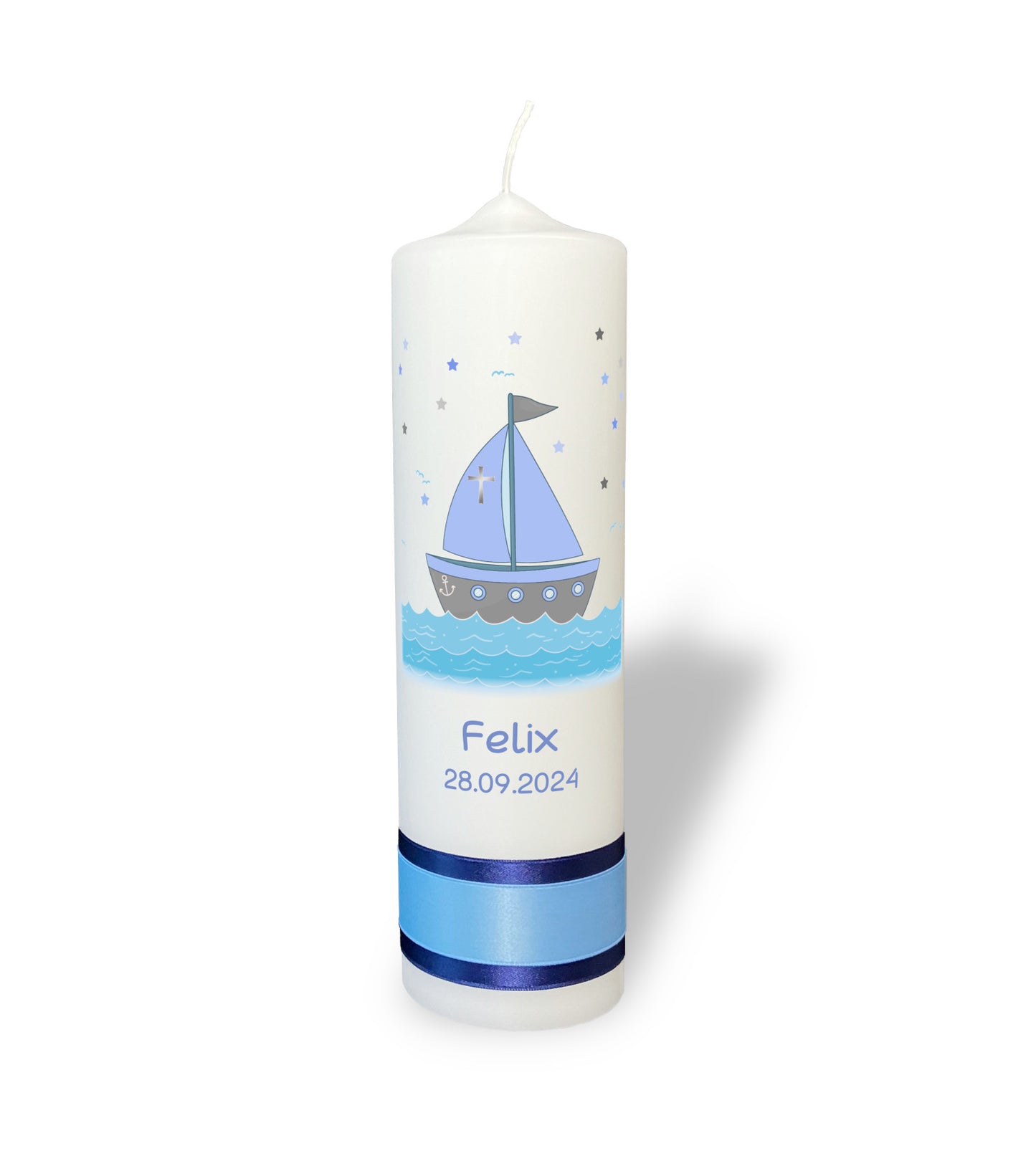 Taufkerze: Sternennacht und Segelboot – Kurs auf Hoffnung