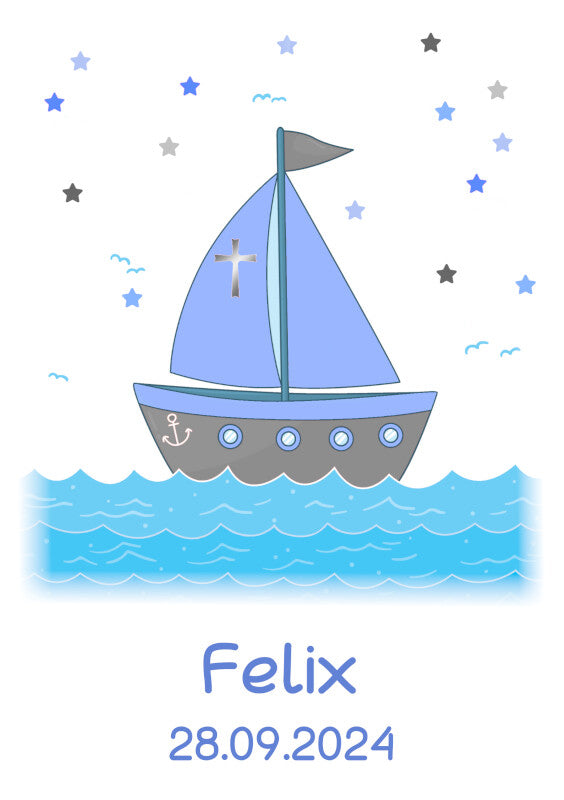 Taufkerze: Sternennacht und Segelboot – Kurs auf Hoffnung