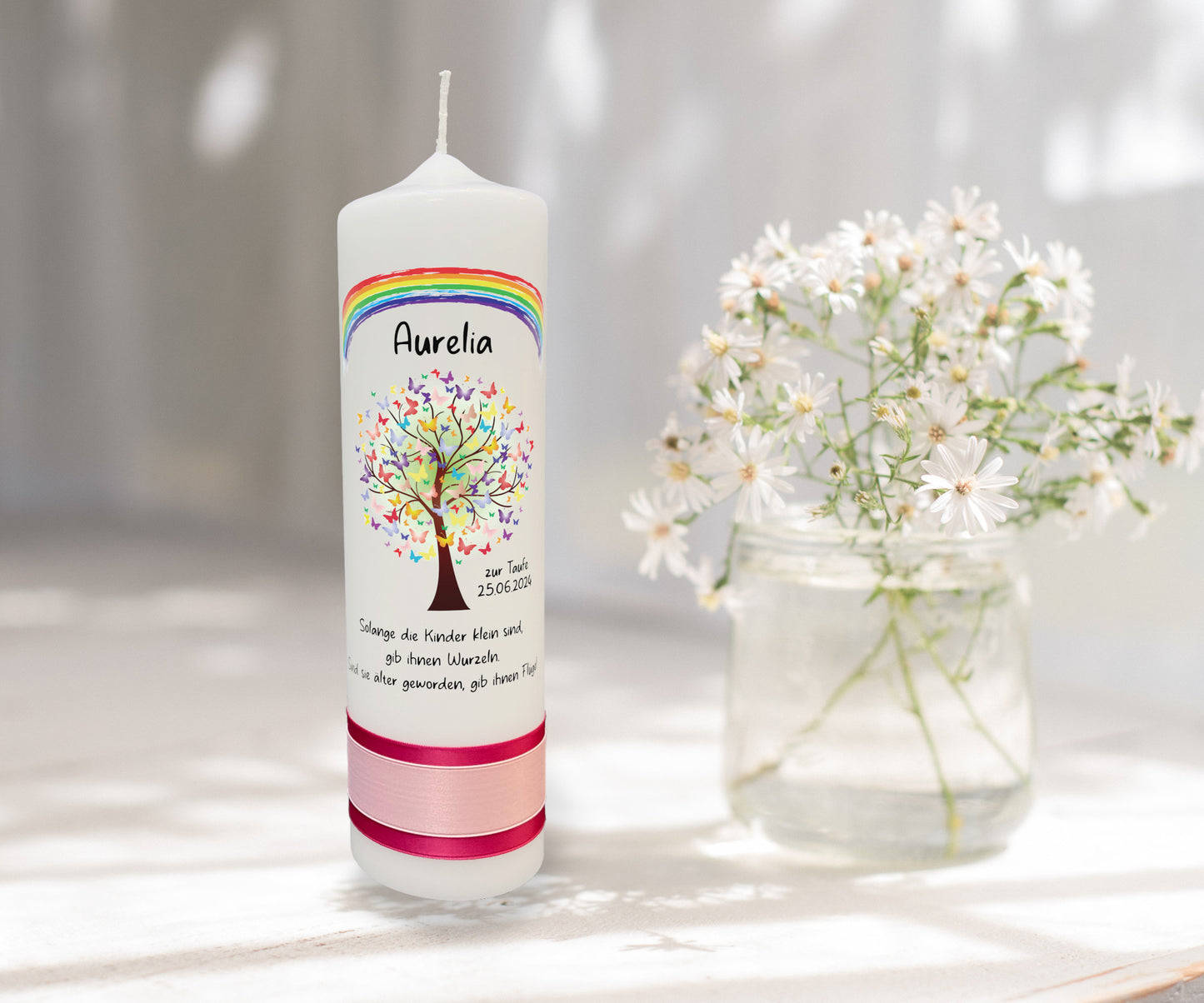 Taufkerze: Lebensbaum im Regenbogenlicht