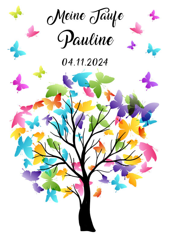 Taufkerze: Bunter Schmetterlingsflug am Lebensbaum