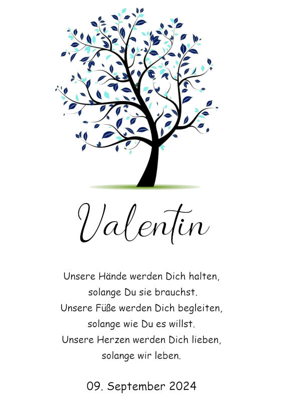 Taufkerze: Blaues Blattwerk des Lebensbaums – Ruhe und Stärke