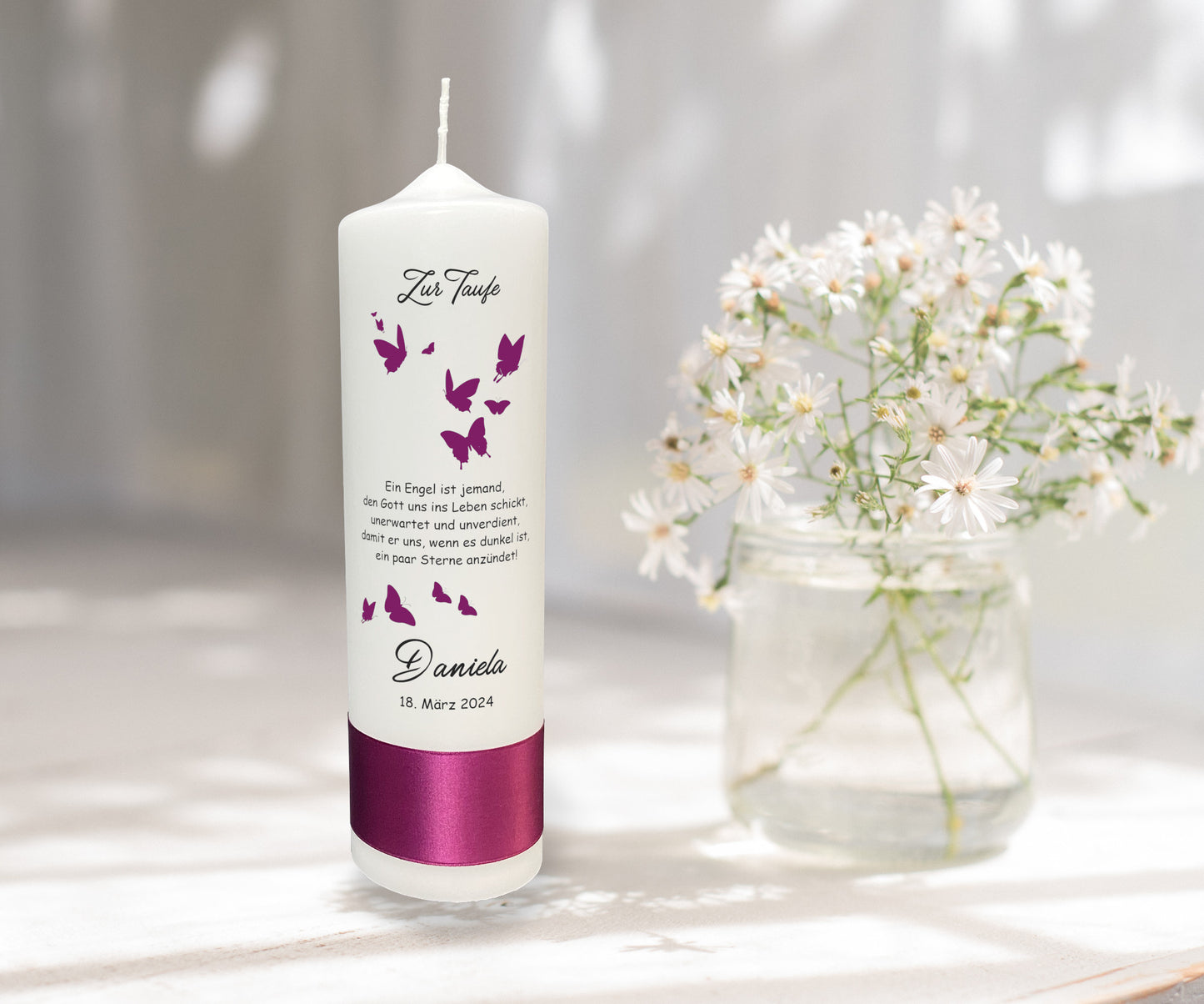 Taufkerze: Kardinalschmetterlinge – Flügel der Verwandlung