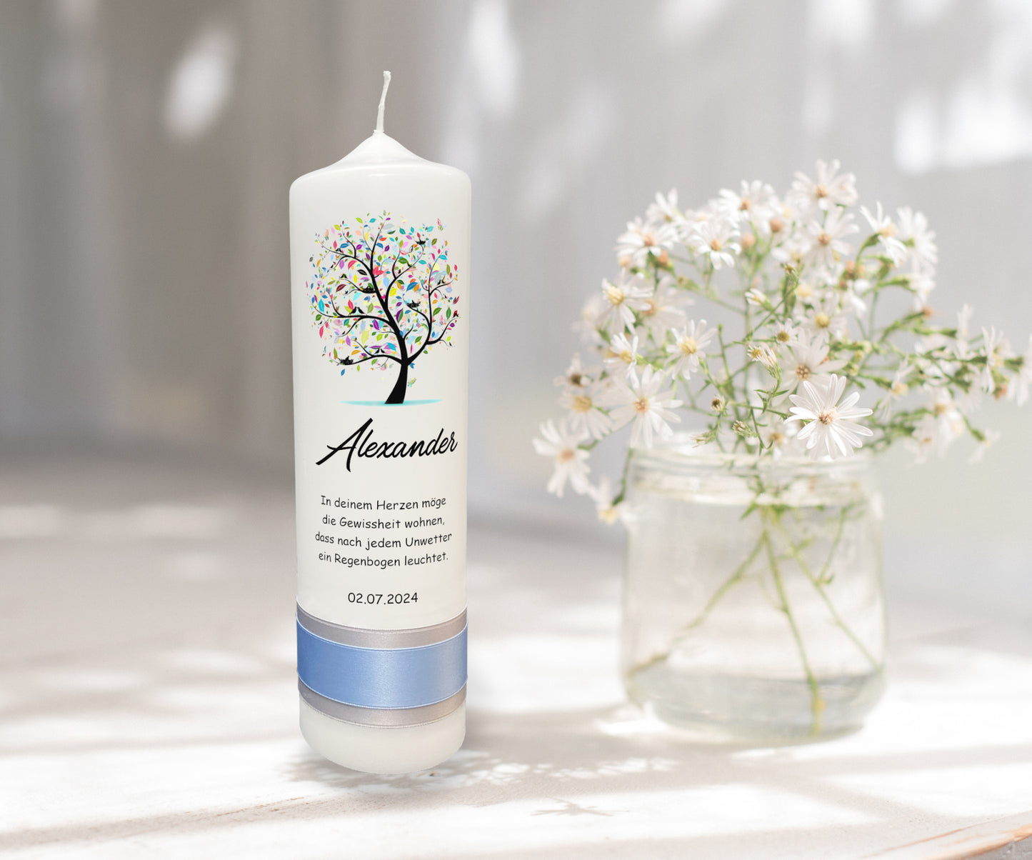 Taufkerze: Farbenharmonie des Lebensbaums