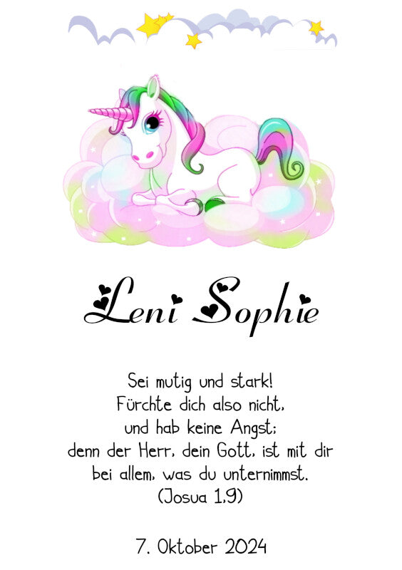 Taufkerze: Zauberhaftes Einhorn auf Wolkenbett