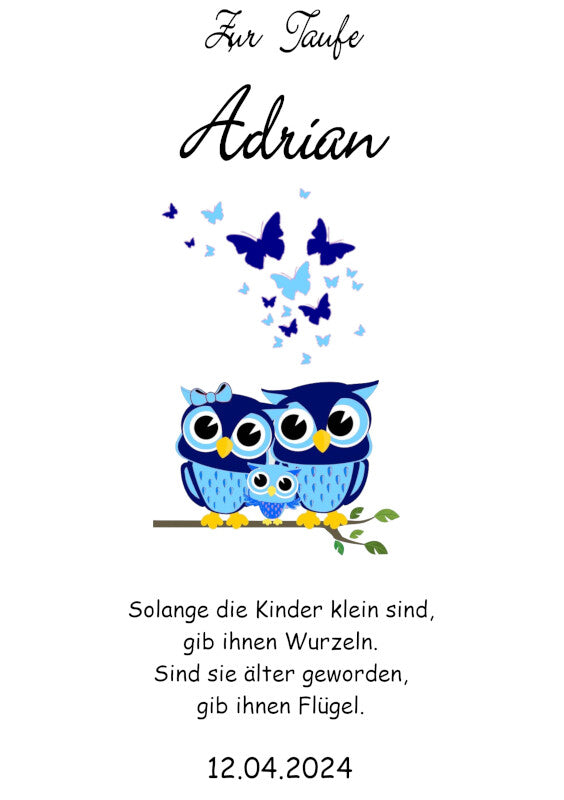 Taufkerze: Eulenweisheit und Schmetterlingsflug