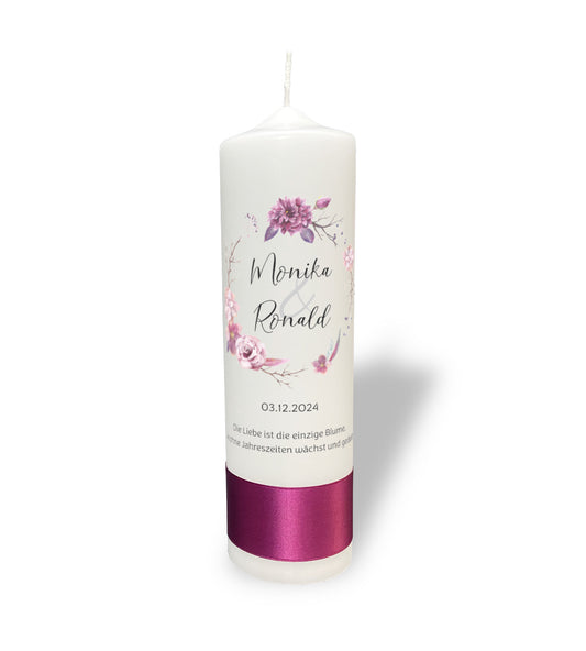 Hochzeitskerze: Blumenkranz Lila